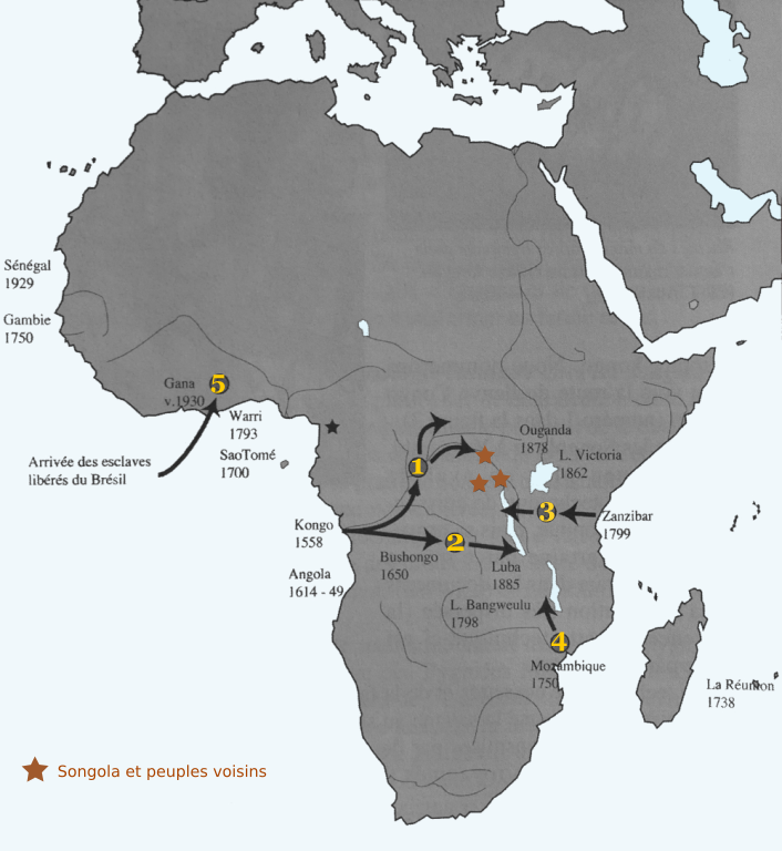 Early records of cassava in Africa and possible routes of spread (Ankei 1996)
